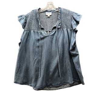 For The Republic Smocked Ruffle Sleeveless Blouse Womens 2X Lyocell Chambray
